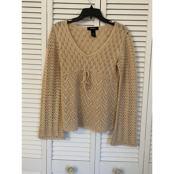 Express Open Knit Sweater Long Bell Sleeves Babydoll Boho Tan Western Size M - Picture 1 of 6